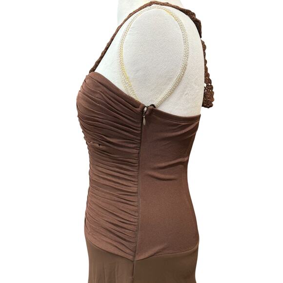 Sangria 6 Brown Midi Dress Ruched Crochet Boho Y2K Fairy RenFaire Fest‎ Romantic - Picture 3 of 12